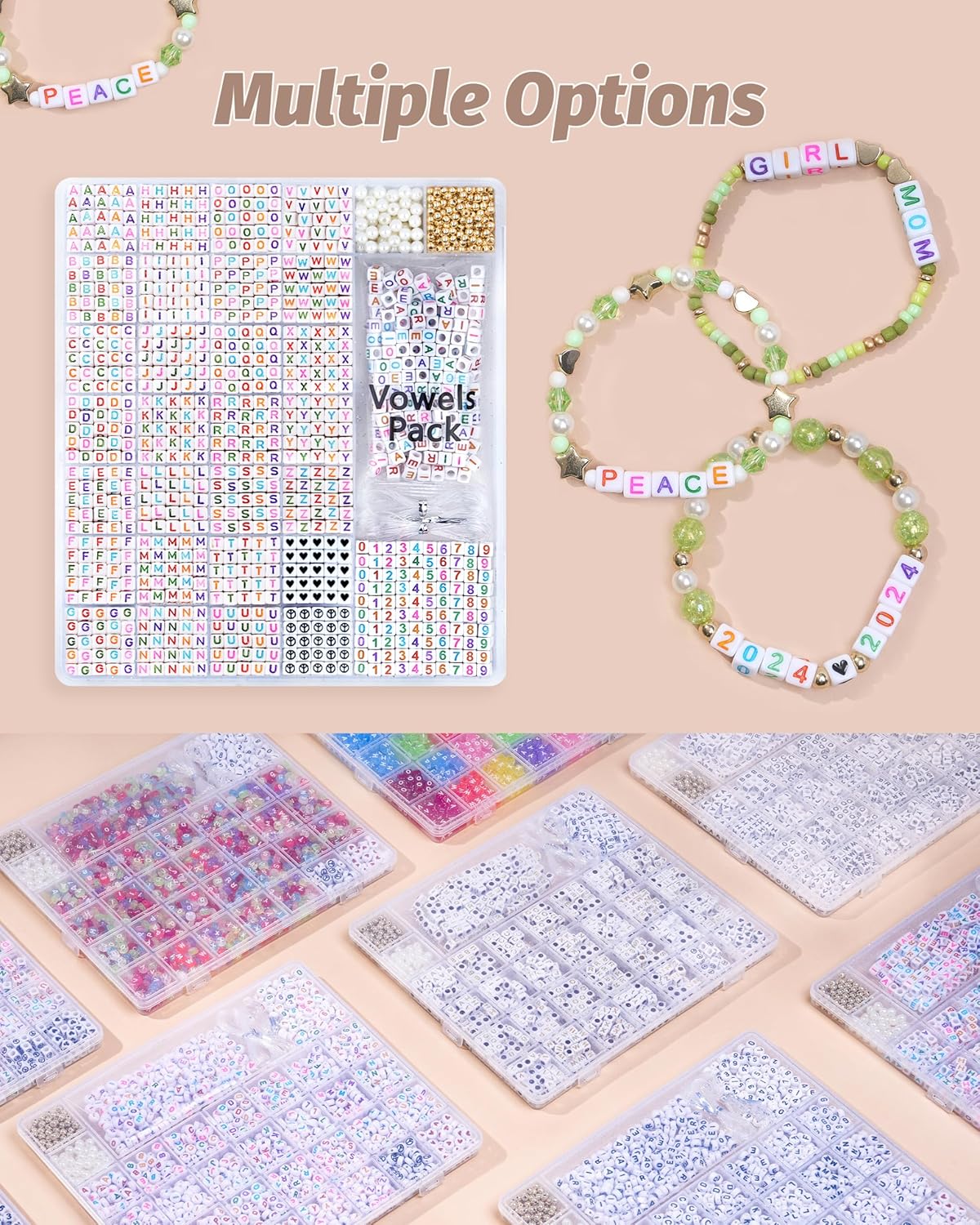 DoDoBeads 1270 Pcs Letter Beads Kit, White and Colorful Square Acrylic Alphabet Beads with Extra Vowels, Numbers & Spacers, Perfect for Friendship Bracelets