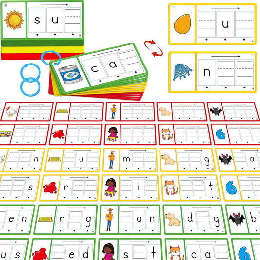 CVC Word Writing Cards, 100 Double-Sided Handwriting Cards 3-Level Short Vowel Spelling Flashcards CVC Sight Words Early Educational Tool for Kids 3 4 5 Years Old (3 Plastic Rings Included)