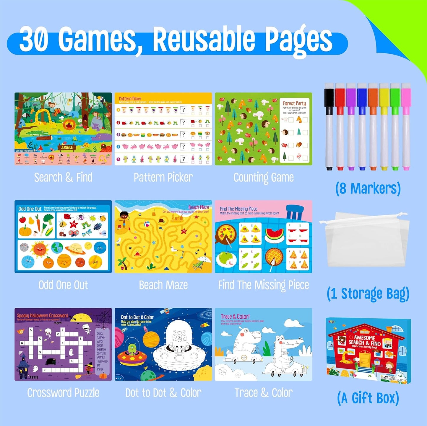 SpriteGru Dry Erase Mazes Game Pad, 30 Mazes Reusable & Erasable Book, Fun Brain Challenge Games Interesting Educational Toy and Learning Tool for Road Trip Airplane Travel