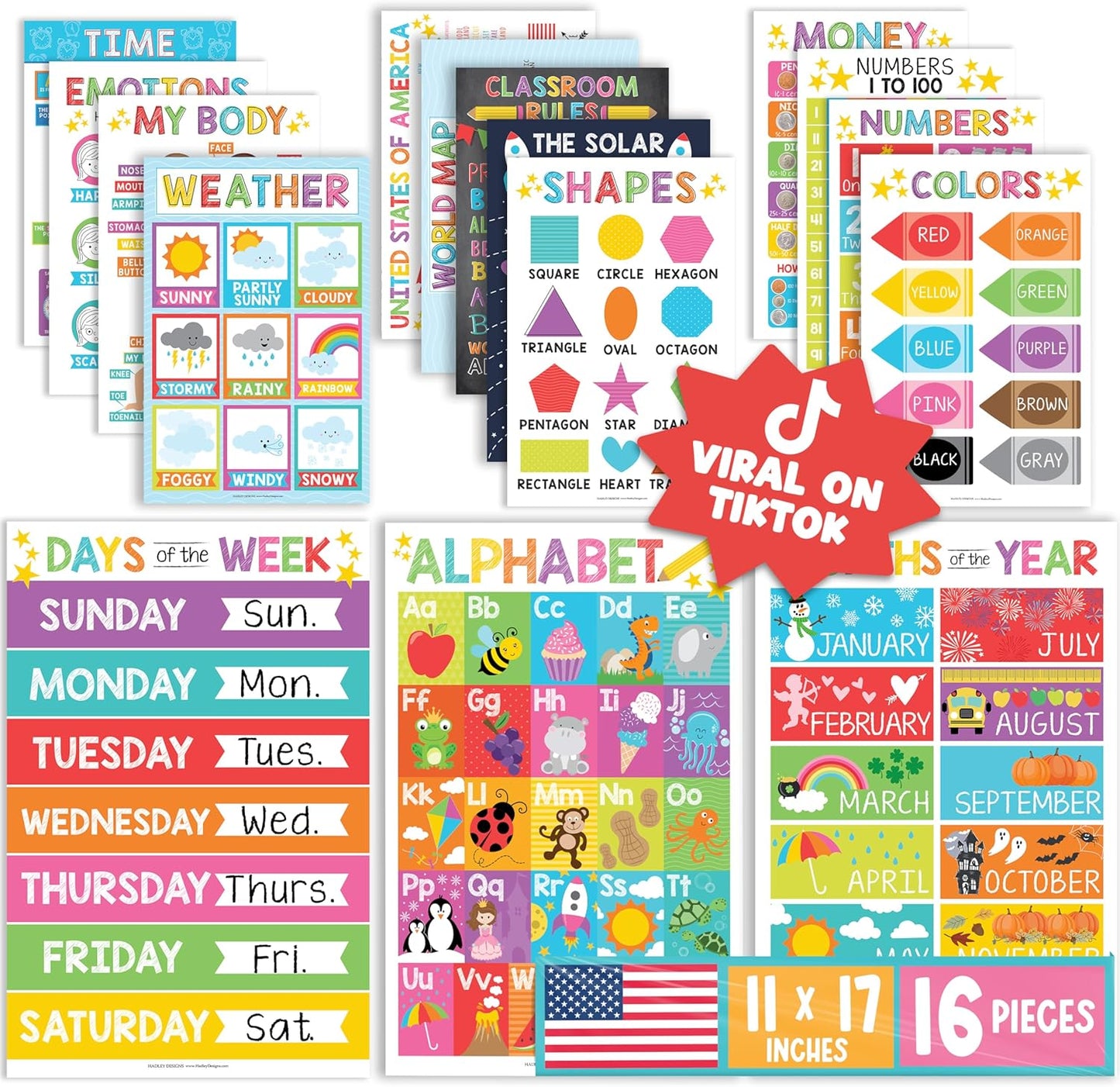Hadley Designs 16 Educational Posters for Toddler Learning Activities - Alphabet Daycare Essentials, Laminated Pre-K Posters for Toddlers 1-3, Preschool Learning Activities, Chalkboard Classroom Decor