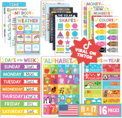 Hadley Designs 16 Educational Posters for Toddler Learning Activities - Alphabet Daycare Essentials, Laminated Pre-K Posters for Toddlers 1-3, Preschool Learning Activities, Chalkboard Classroom Decor