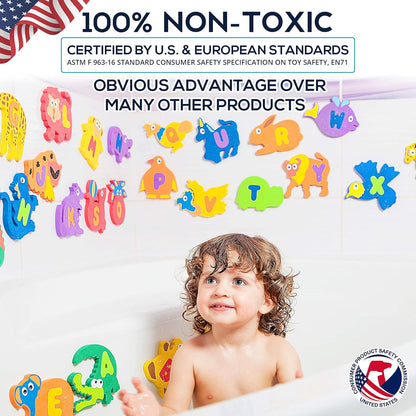 Bath Foam Alphabet Letters Toys - Non-Toxic Bathtub ABC Letters for Kids Toddlers - Premium Educational Floating Animals Puzzles with Toy Organizer for Baby Boys Girls - Set of 52 Pcs