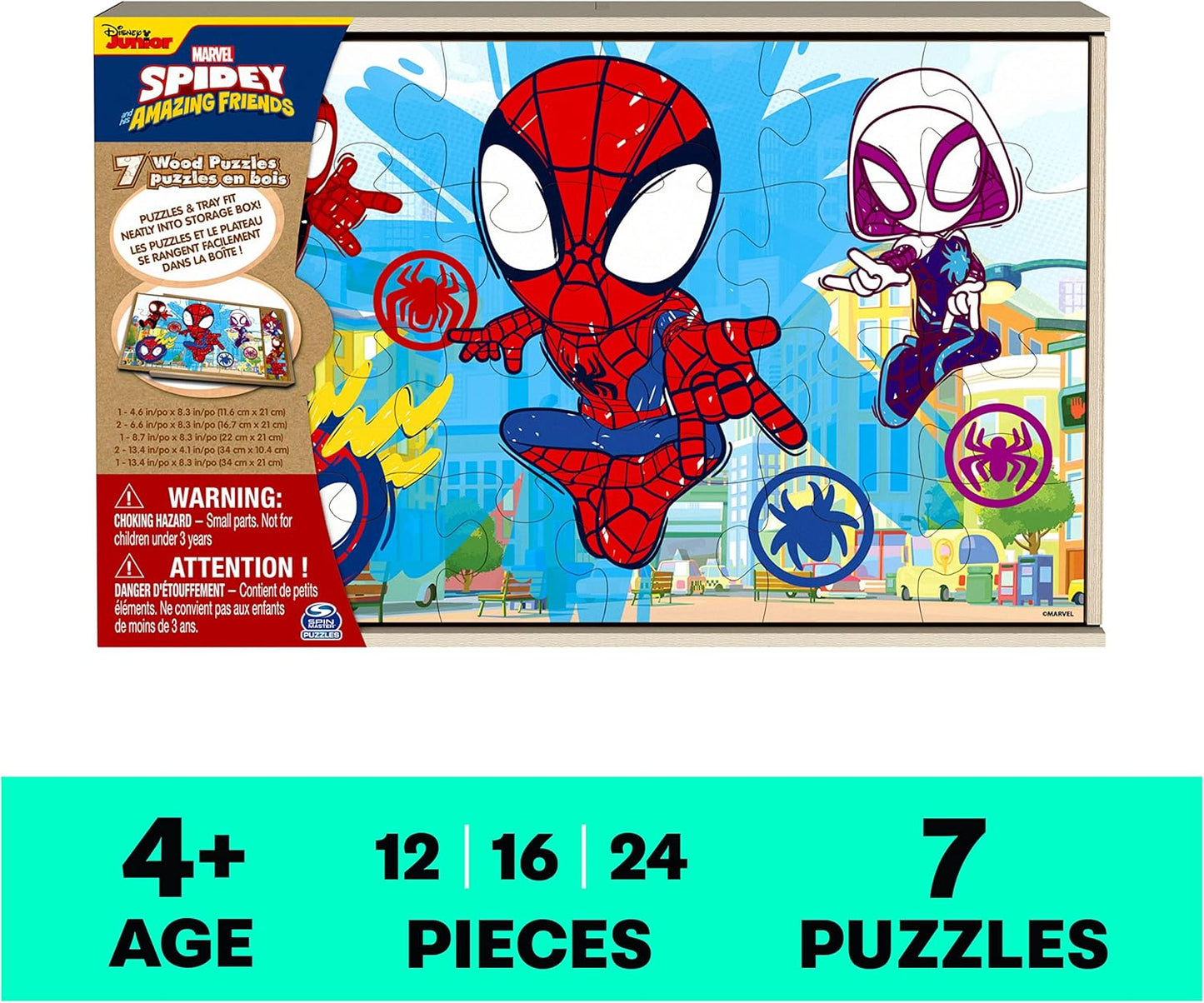 Spin Master Games, Disney Princess Puzzles, 7-Pack, Jigsaw Kids Puzzles, 12, 16, & 24 Pieces, Featuring Ariel, Tiana, Rapunzel, Pocahontas, Storage Tray, for Ages 4 & Up