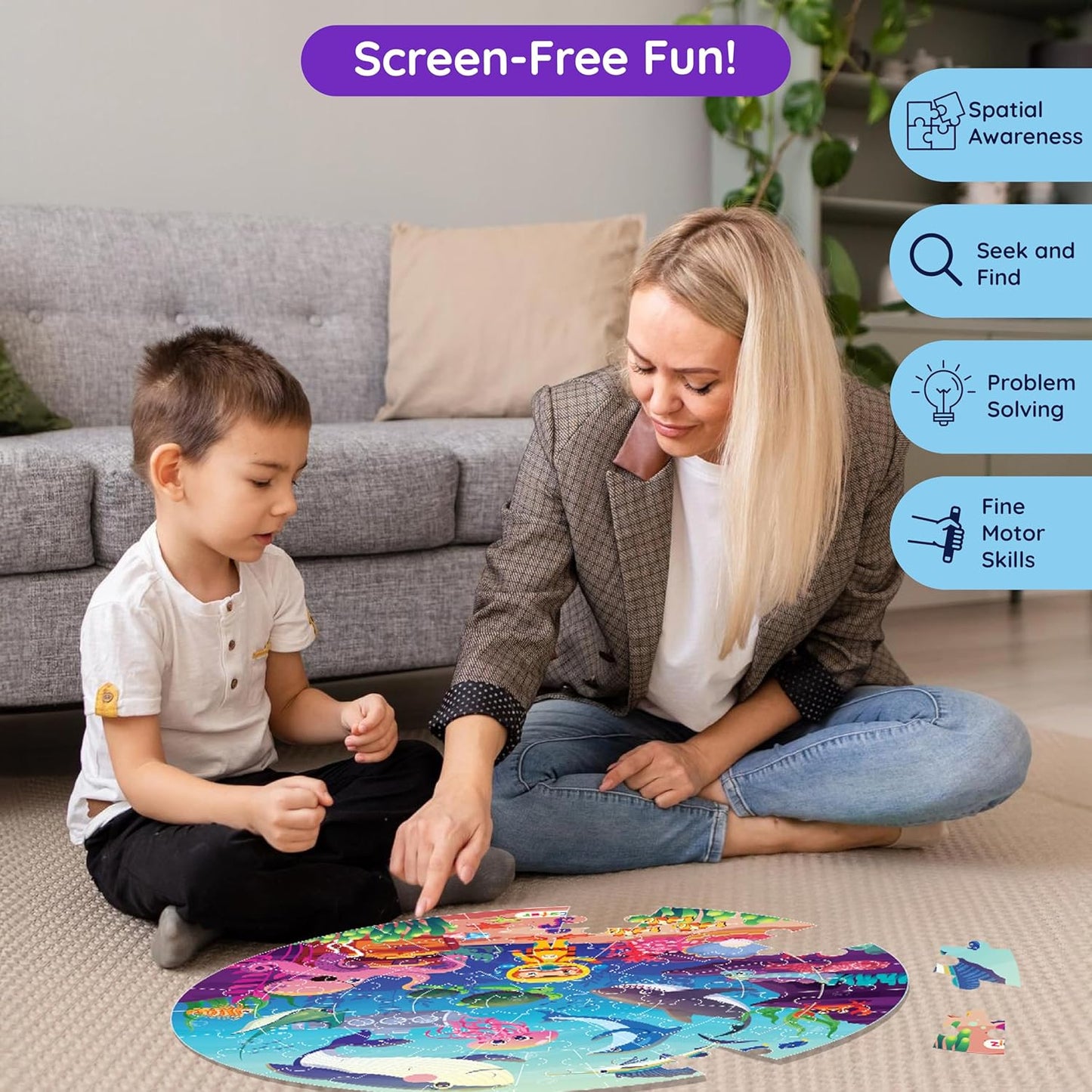 Jumbo 70 Piece Round Floor Puzzles for Kids Ages 3-5, 6-8, Large Jigsaw Puzzle with Educational Flash Cards and 3D Figures | Educational Gift (Animal Safari)