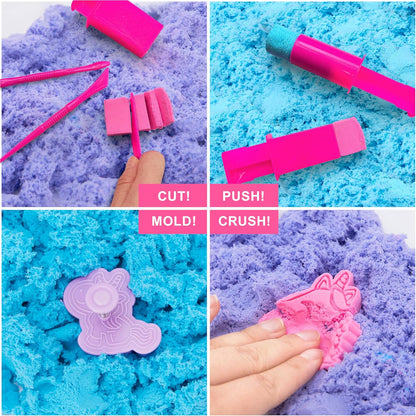 Carolart Unicorn Stretchy Cloud Sand,Blue & Pink Play Sand,Treasure Chest with Sensory Sand,Stretchable,Moldable,Expandable Cloud Slime,Tactile Fun Sensory Kit, Sensory Toys for Kids Ages 3+