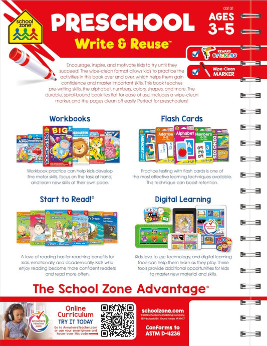 School Zone Preschool Write & Reuse™ Workbook: 52 Wipe-Clean Pages, Spiral-Bound, Letters, Numbers, Early Math, Tracing & Writing, Ages 3–5, Includes Dry-Erase Marker