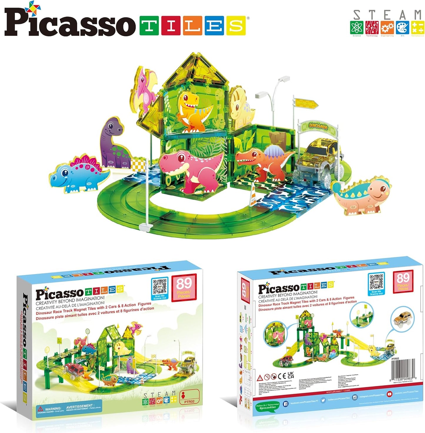 PicassoTiles Magnetic Tiles Race Track Car Thrilling Toy Playset Includes 2 Racing Trucks STEM Educational Magnet Tile Building Block Construction Set for Toddlers Boys Girls Ages 3 and Older PTR30