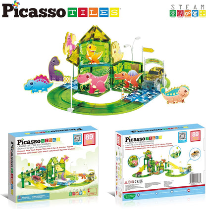 PicassoTiles Magnetic Tiles Race Track Car Thrilling Toy Playset Includes 2 Racing Trucks STEM Educational Magnet Tile Building Block Construction Set for Toddlers Boys Girls Ages 3 and Older PTR30