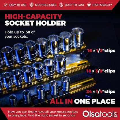 Olsa Tools Aluminum Socket Organizer, 3pc Set - Yellow Socket Holder Kit 1/2-Inch, 3/8-Inch, and 1/4-Inch Drive - Holds 58 Chrome or Impact Sockets - Professional Grade Socket Rails - Part: 1110