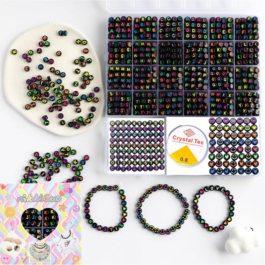 nikkiGuo 1250 PCS Letter Beads Kit with Elastic Cord – Alphabet A–Z, Numbers, Heart, Moon, Star, Smiley Beads for Friendship Bracelets & DIY Jewelry (Glow in The Dark & Colorful Letters)