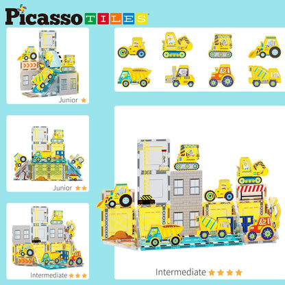 PicassoTiles Magnet Tile Construction Themed Building Blocks 5-in-1 Crane, Ladder, Dump Truck, Excavator, and Backhoe Action Figures, 2 Car Base Vehicles Magnetic Tiles Learning Toys Kids Ages3+ PTU06