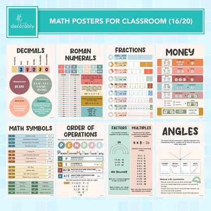 Decorably 20 Rainbow Boho Math Posters for Classroom, 11x17in Educational Matte-Laminated School Decor - for Hallways, Bulletin Boards, Home Study Room