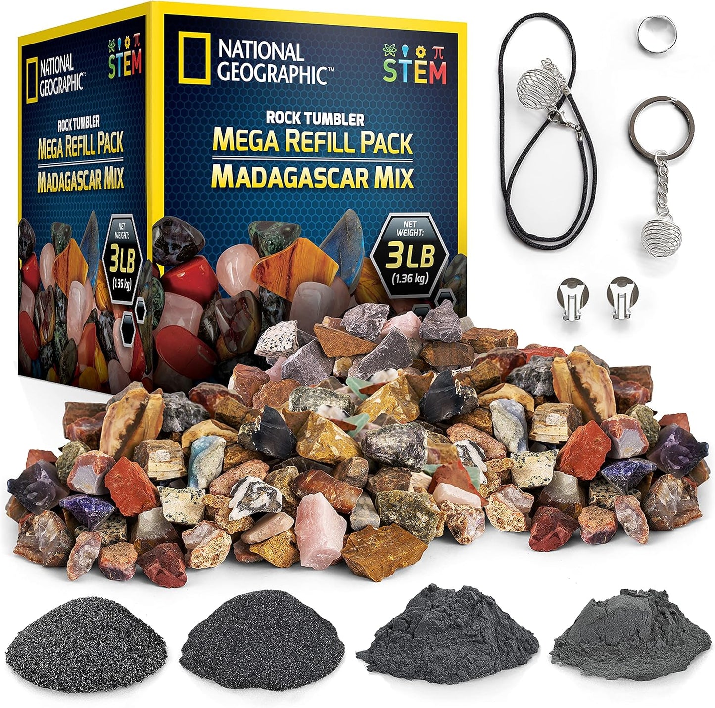 NATIONAL GEOGRAPHIC Rock Refill – Mega Madagascar Pack, 3 lb of Gemstones Including Rose Quartz, Jasper, Labradorite, & More, Tumbler Grit & Jewelry Settings