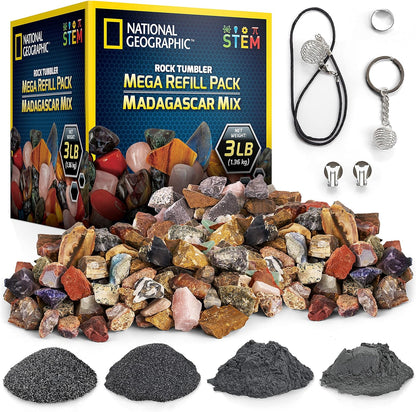 NATIONAL GEOGRAPHIC Rock Refill – Mega Madagascar Pack, 3 lb of Gemstones Including Rose Quartz, Jasper, Labradorite, & More, Tumbler Grit & Jewelry Settings