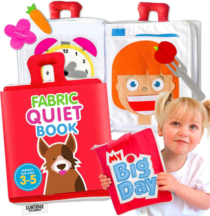 Curious Columbus Quiet Book Fabric Busy Book - Airplane Travel Toys for Kids - Montessori Toy Preschool Activity Books - Fun and Educational Fabric Book