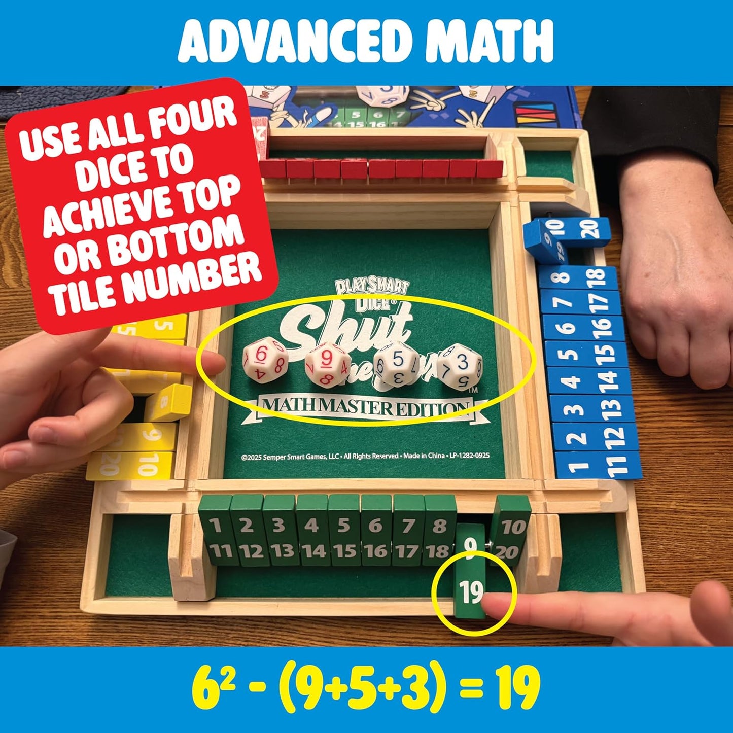 PlaySmart Dice Shut the Box Math Master: Deluxe 1-4 Player Wooden Board with Unique dice, More Numbers, Games, Math, and Fun Ways to Play!