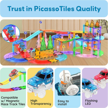 PicassoTiles 121pc Magnetic Tile Race Track Marble Run Magnet Tiles 3-in-1 Playset Car Racing Construction Set STEM Learning Early Education Building Toy Cars for School Toddlers Boys Girls Ages 3+