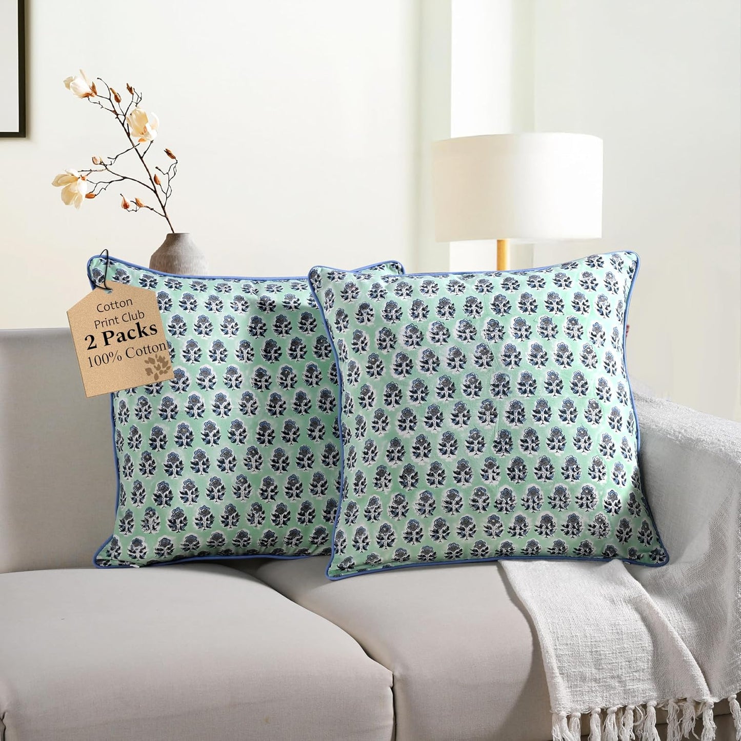 CPC 100% Cotton Throw Pillow Covers 18x18 Inch, Set of 2 Green Block Print Pattern Couch Pillow, Cute Boho Decorative Pillows for Living Room, Bedroom with Hidden Zipper- Agate Green