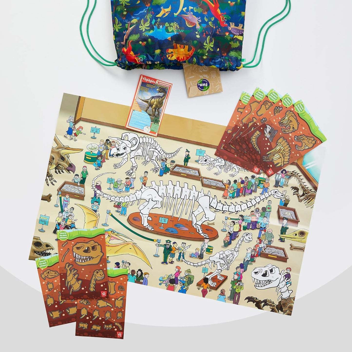 Highlights for Children Dinosaur Sticker by Number Craft Kit for Kids,Create a Jumbo Dino Museum Exhibit Poster with 60+ Glow in The Dark Stickers, Includes Reusable Sling Backpack for Storage,Ages 6+