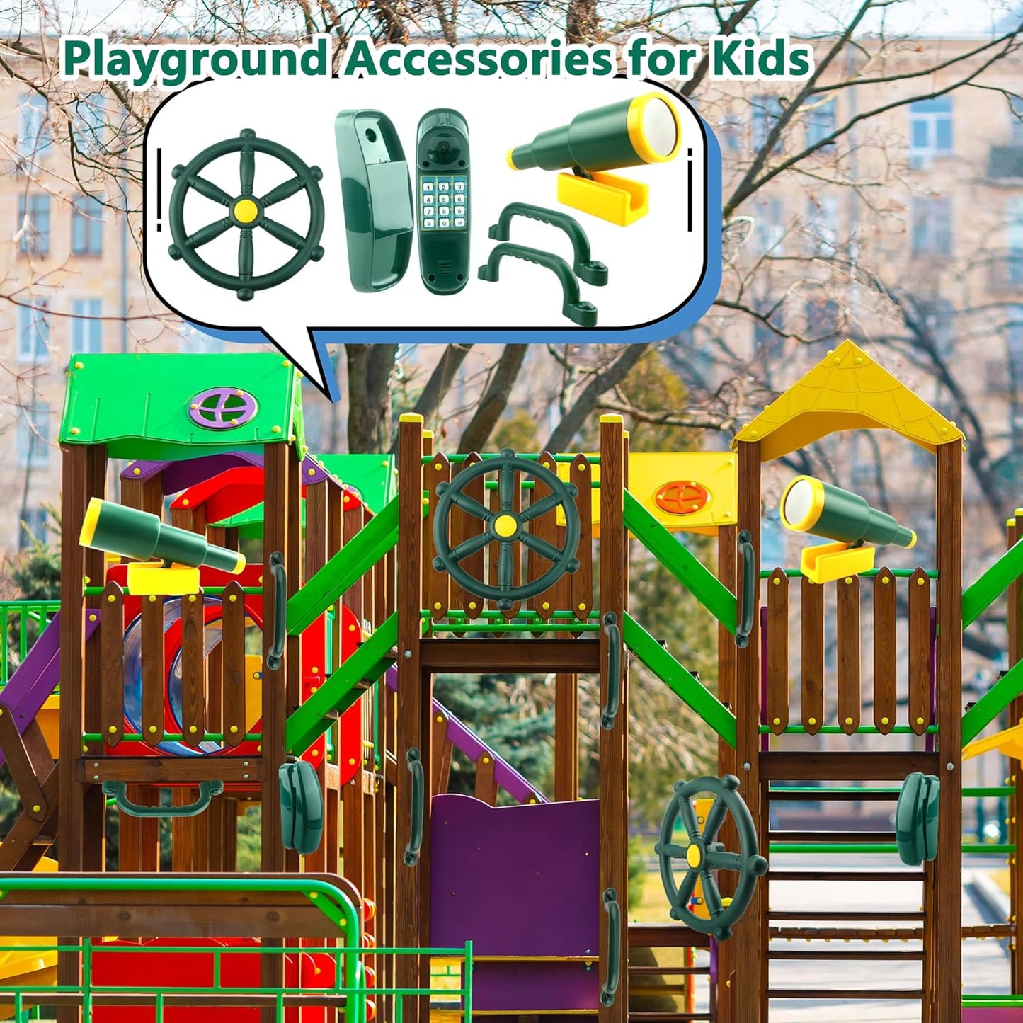 5 Pcs Kids Playground Accessories for Kids Outdoor Plastic Steering Wheel Swingset Phone Pirate Telescope Telephone Safety Handle for Child Backyard Tree House Playhouse Jungle Gym (Yellow Set 1)