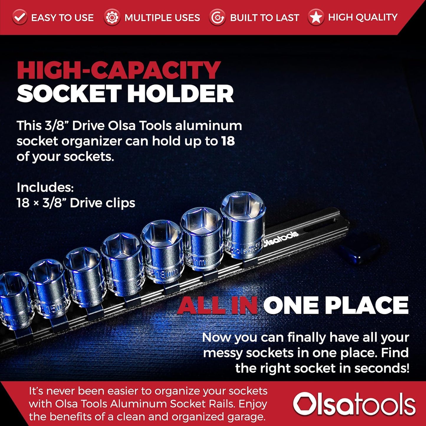 Olsa Tools Aluminum Socket Organizer, 3pc Set - Yellow Socket Holder Kit 1/2-Inch, 3/8-Inch, and 1/4-Inch Drive - Holds 58 Chrome or Impact Sockets - Professional Grade Socket Rails - Part: 1110