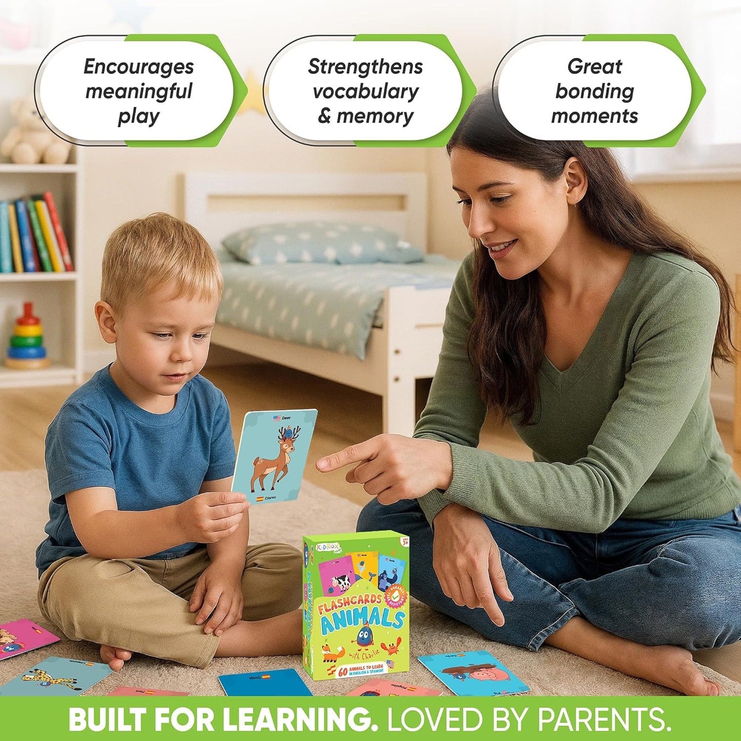 Kidrox Squad Alphabet Flashcards for Kids – 26 Slide-Reveal Cards in English & Spanish | Magic Pull-Tab Bilingual Learning Game for Toddlers & Preschoolers Age 3+