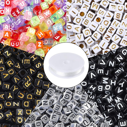 Letter Beads, Augshy 1400 Pcs Morandi Cube Alphabet Bead,Square Letter Beads with 1 Roll 10M Crystal String Cord (6mm)