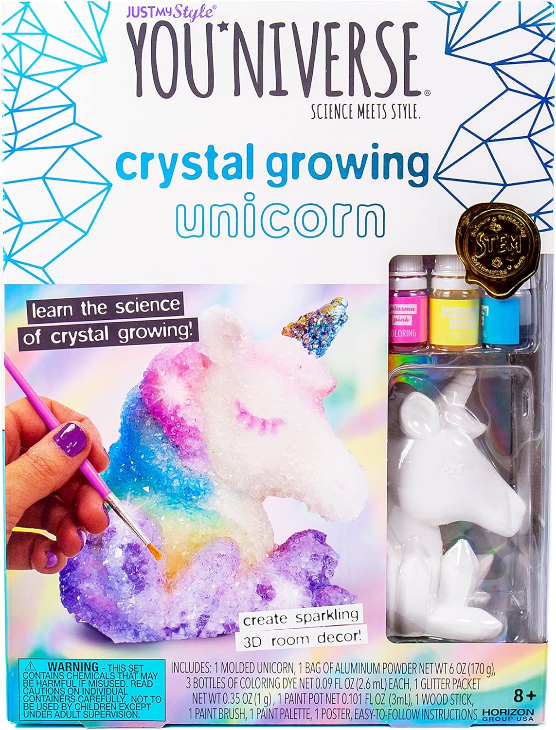 Just My Style YOU*niverse Crystal Growing Accessories by Horizon Group USA, Girl STEM Kit, Design 8 Crystal Growing Accessories & Make Your Own Pendants, Sparkling Hair Pins, Ring & More
