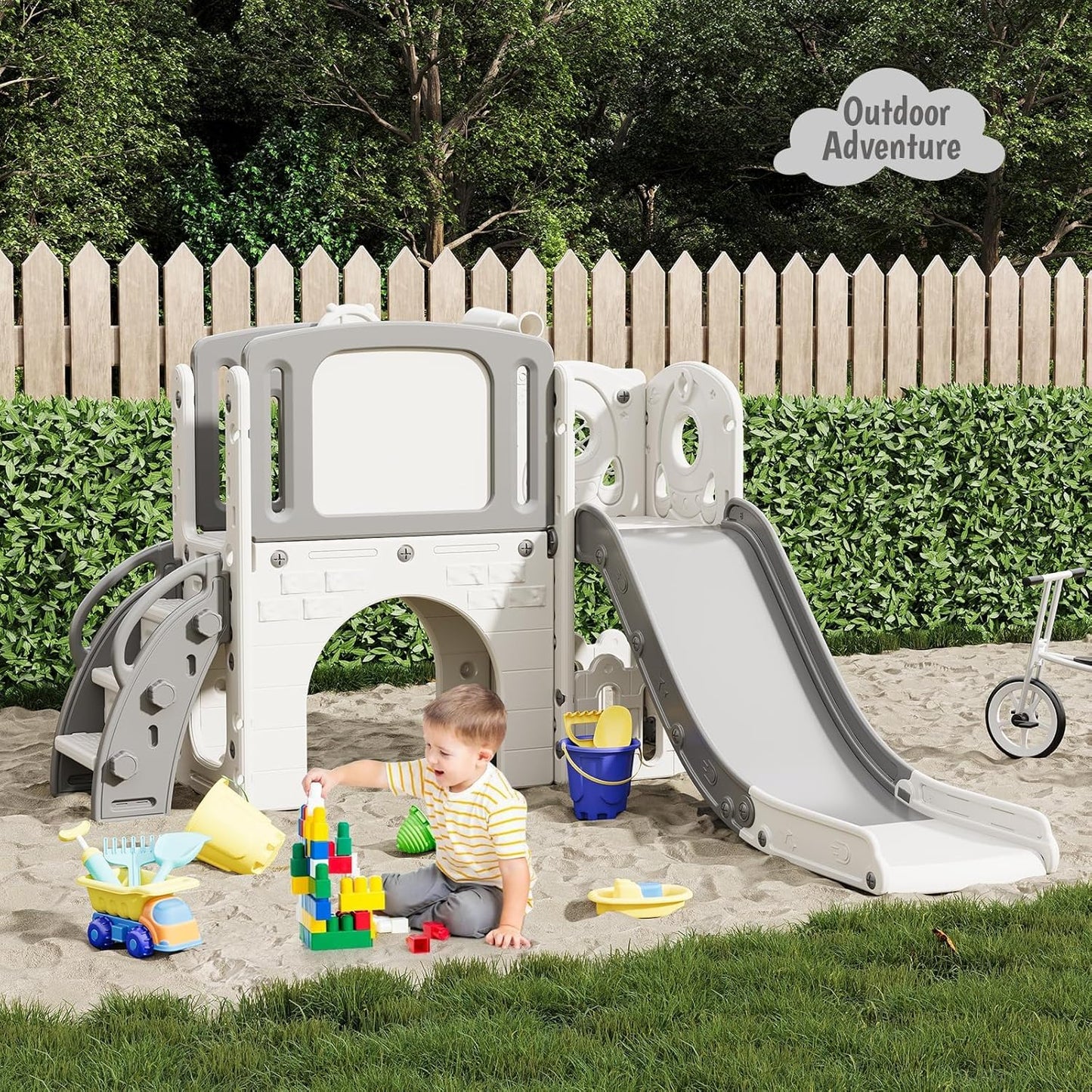 8-in-1 Toddler Slide Playground Set for Indoor & Outdoor Fun – Includes Climber, Basketball Hoop, Telescope, Tunnel, and Storage Space for Kids – Perfect for Backyard & Courtyard Activities
