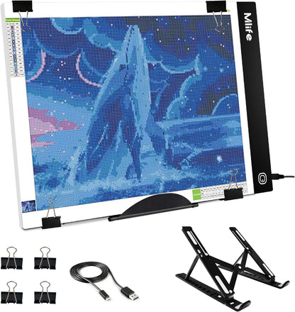 Mlife B4 LED Light Pad Kit - Upgraded Diamond Art Painting Light Box Dimmable Tracing Light Board, Sketching, Animation, Drawing Light Box with 4 Fasten Clips and Metal Stand