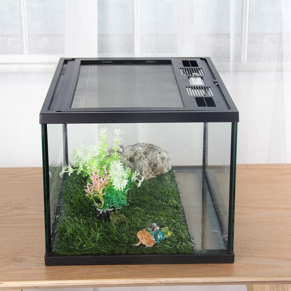 crapelles Frogs Glass Terrarium Feeding kit Tank, 15.7×11×9 inches, for Reptile Amphibians, Insect, Horned Frogs, Waterweed Prairie Style Habitat, with Green Artificial Turf Pad, Natural Volcanic Rock