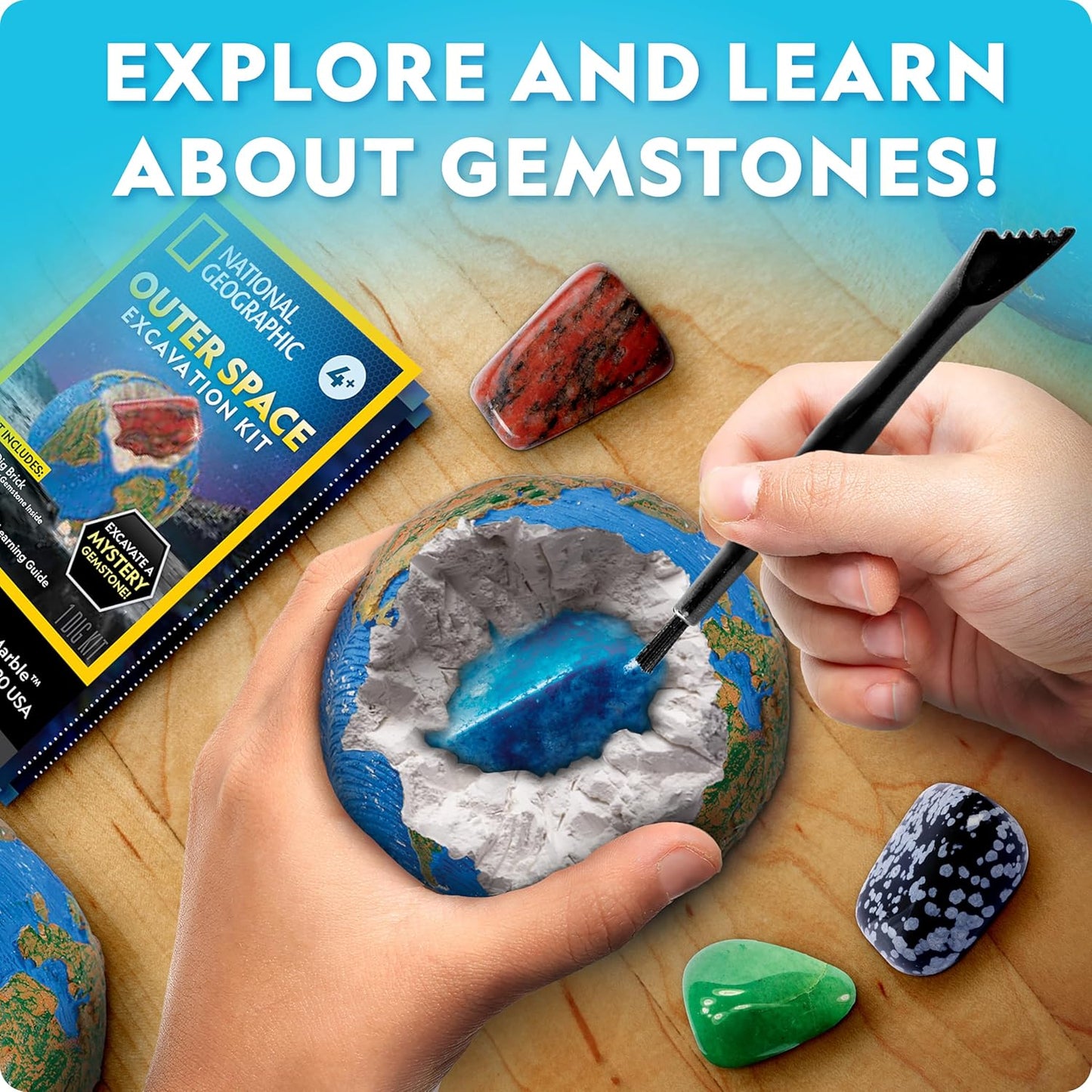 National Geographic Ultimate Space Gemstone Dig Kit – 8 Planet-Shaped Bricks with 16 Real Rock & Gemstone Specimens, Gems for Kids, Excavation Digging Activity, Gem Mining Kit