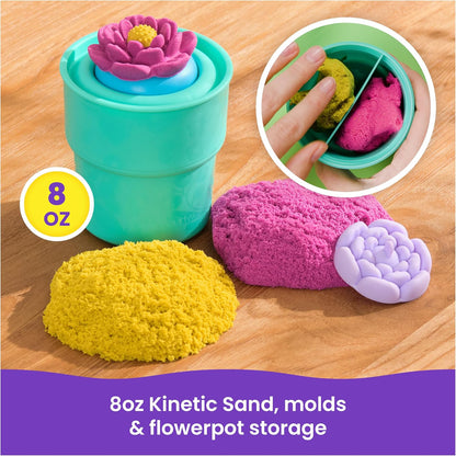 Kinetic Sand, SquishBlossom Blooming Flower with 8oz Neon Yellow & Pink Play Sand, Pot & Molds, Gifts for Mom & Kids, Arts and Crafts Sensory Toys