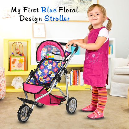 Fash N Kolor - Baby Doll Stroller with Adjustable Canopy & Toy Storage Basket - Foldable Baby Stroller for Pretend Play - Denim Pink,