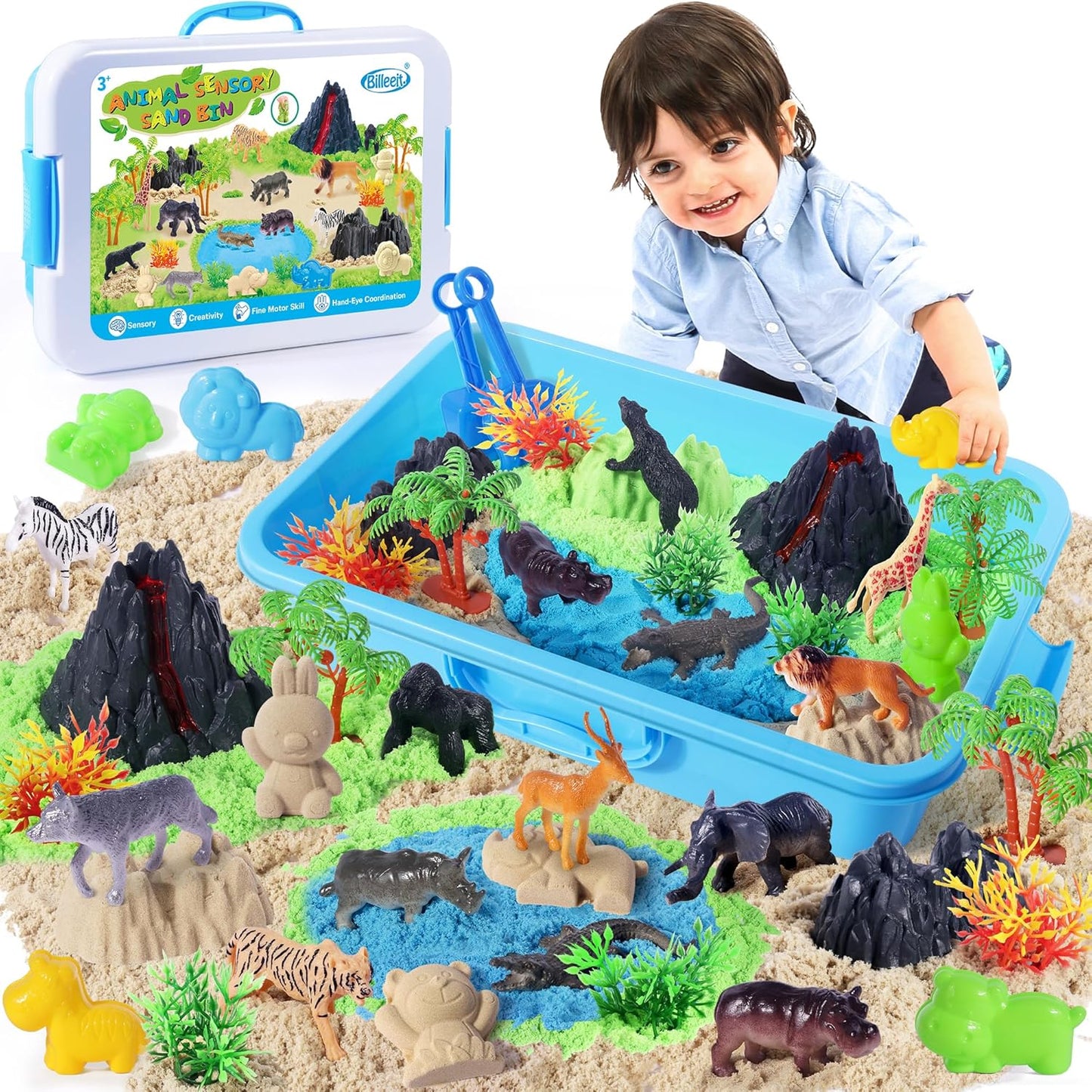 Billeeit Animal Sensory Bin Sand Toy, Play Sand Kit w/lid and 2.2lbs Moldable Sensory Sand, Molds, Tools, Map Set 30+pcs Total, Fun Gifts for Kids 3+