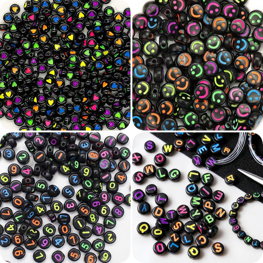 nikkiGuo 1250 PCS Letter Beads Kit with Elastic Cord – Alphabet A–Z, Numbers, Heart, Moon, Star, Smiley Beads for Friendship Bracelets & DIY Jewelry (Glow in The Dark & Colorful Letters)