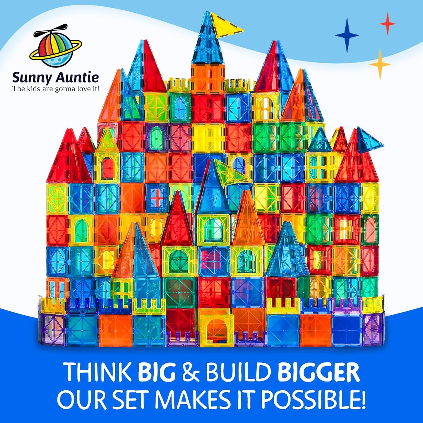 SUNNY AUNTIE Magnetic Tiles 125 PCS XL Set with Storage Bag – Magnetic Building Tiles for Kids Ages 3-8, STEM Magnet Construction Toy for Boys & Girls