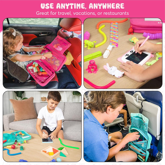 Travel Essentials for Kids – All-in-One Hanging Bag with Kid Toys, Road Trip Activities for Kids, Sensory Toys & Travel Games for Airplane Trips, Car Rides, Gifts for Boys & Girls Ages 4+ (Pink)