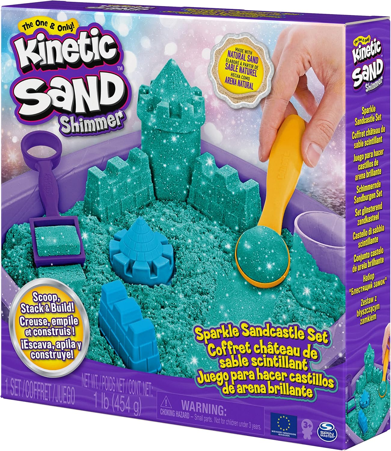 Kinetic Sand | Shimmer Sand Castle | Kinetic Sand 454g | Magic Sand | Pink Glitter Coloured Sand | 3 Accessories and Tray Included | Toys for Boys and Girls 3 Years