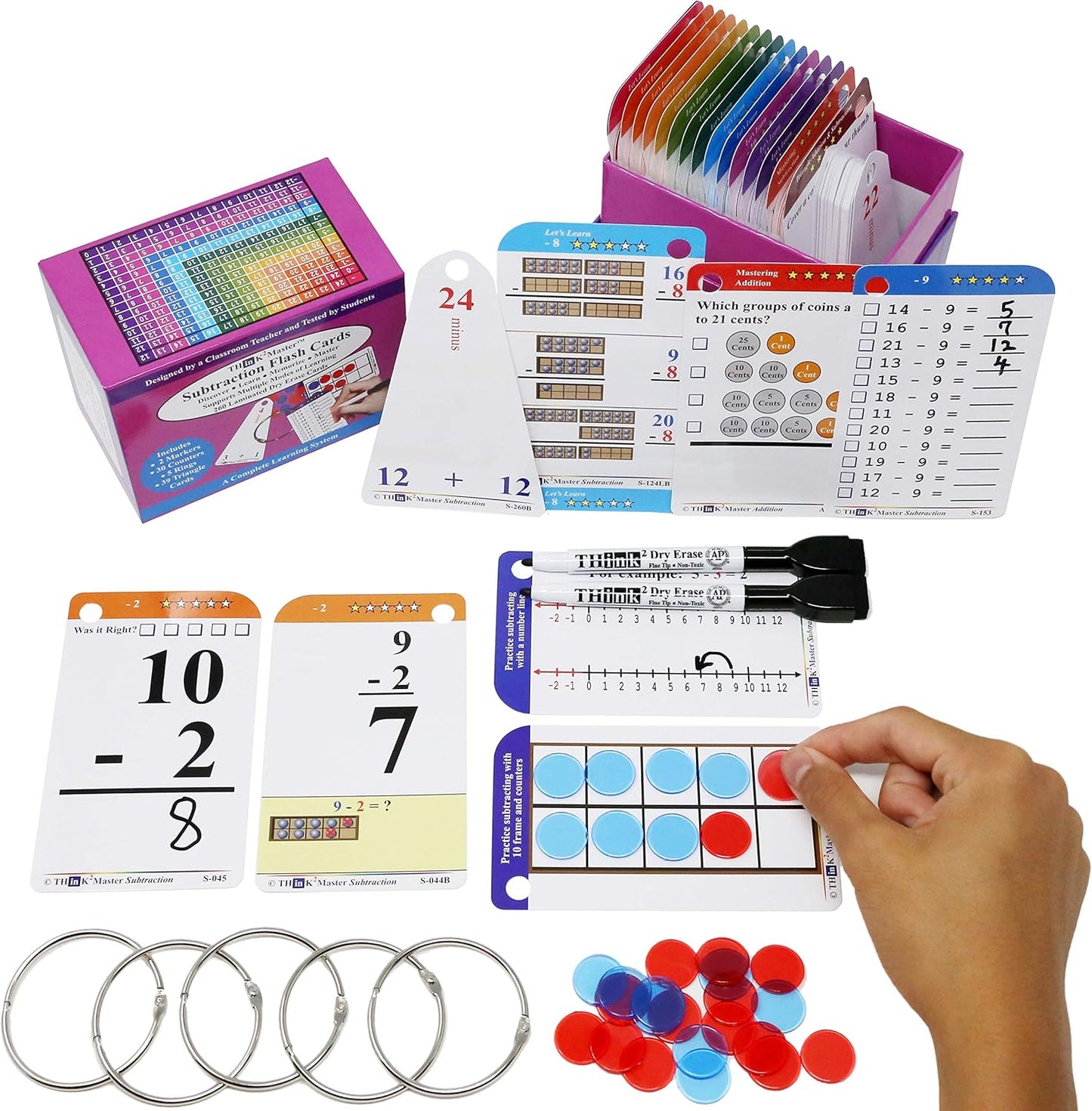 Think2Master Addition Flash Cards. Learn to Add & Subtract by Counting, Writing, Understanding & Memorizing. 260 Laminated Cards, 39 Triangle Cards, 2 Dry Erase Markers, 5 Rings & 30 Counters