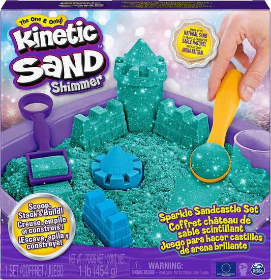 Kinetic Sand | Shimmer Sand Castle | Kinetic Sand 454g | Magic Sand | Pink Glitter Coloured Sand | 3 Accessories and Tray Included | Toys for Boys and Girls 3 Years