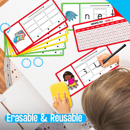 CVC Word Writing Cards, 100 Double-Sided Handwriting Cards 3-Level Short Vowel Spelling Flashcards CVC Sight Words Early Educational Tool for Kids 3 4 5 Years Old (3 Plastic Rings Included)