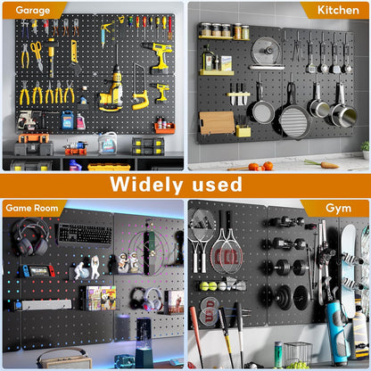 Peg Board, 112PCS Heavy Duty Metal Pegboard with Hooks, 6 Pack Black Peg Board Panels, 60lbs Load Capacity Each, Pegboard Wall Organizer for Garage, Workshop, Kitchen, Craft Rooms