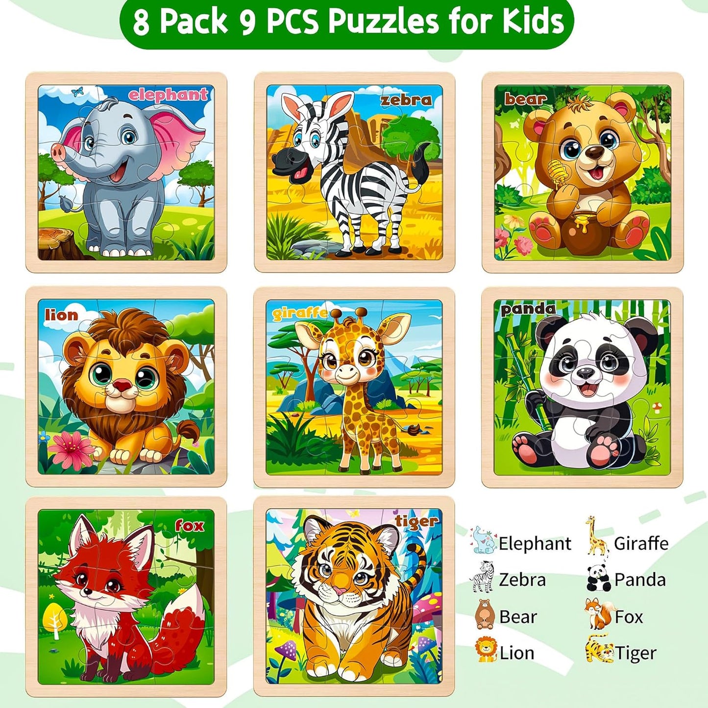 Wooden Animals Puzzles for Toddlers 2-4, 8 Pack 9 PCS Jigsaw Puzzles for Kids 2-4, Wooden Puzzles for Toddlers 3-5, Animal Puzzles for Kids 3-5, Preschool Puzzles Learning Educational Sets Toys