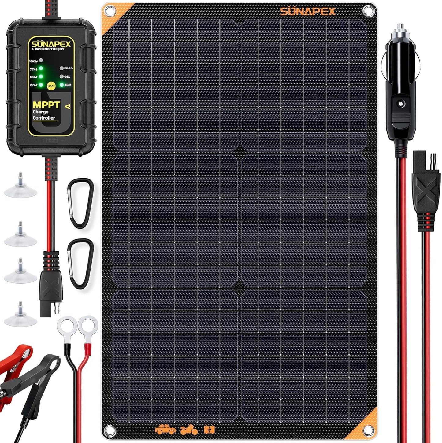 SUNAPEX 12V 10 Watt Solar Trickle Charger Maintainer - Waterproof Solar Powered Battery Charger - Solar Panel Kit Built-in Smart Charge Controller for Car Rv Trailer Truck Boat Automotive Marine