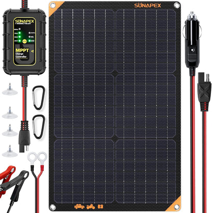 SUNAPEX 12V 10 Watt Solar Trickle Charger Maintainer - Waterproof Solar Powered Battery Charger - Solar Panel Kit Built-in Smart Charge Controller for Car Rv Trailer Truck Boat Automotive Marine