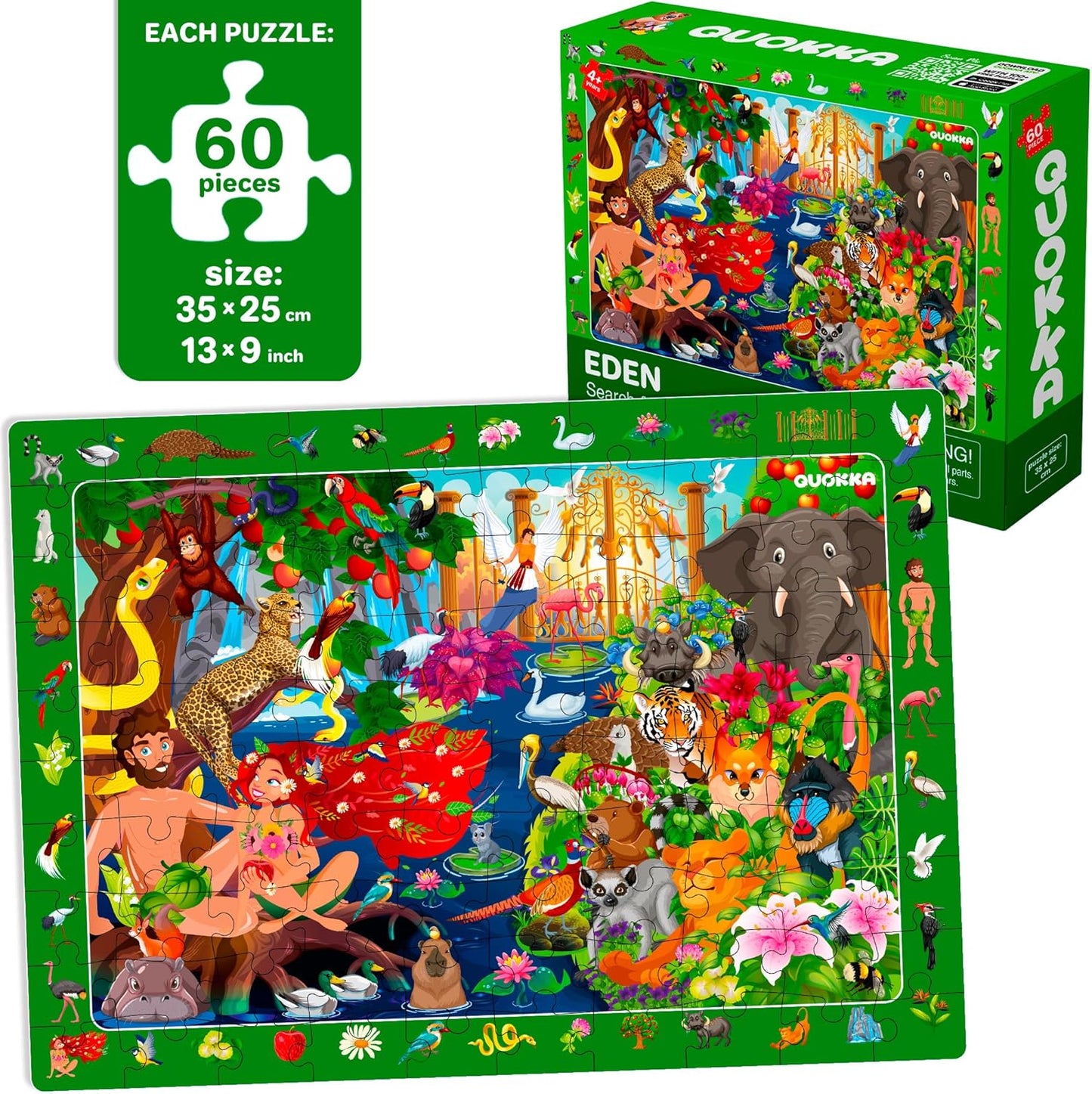 QUOKKA Puzzles for Kids Ages 4-6 - Toddler Puzzles Ages 3-5 - 4-Pack 60 Piece Search and Find Animals Jigsaw Puzzle 6-8 - Learning Toys for 3 Year Old Boys and Girls - Educational Games Gift