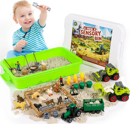 51 PCS Farm Sensory Bin Kids Sandbox with Lid, 2.2 LB Sensory Sand, 40 Toddler Farm, 3 Take Apart Construction Trucks -Sensory for Kids 5-7, 3-4 & Up- Kids Gifts for Boys and Girls