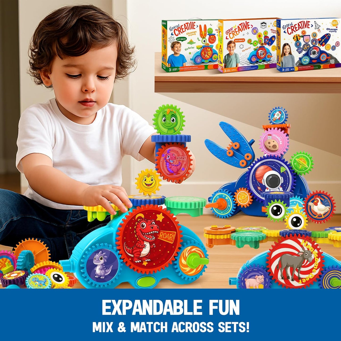 Motorized Spinning Gear Building Toys for Kids, Space Rocket STEM Construction Set, Educational Interlocking Building Blocks Puzzle | Gear Toys for Toddlers Ages 3-8
