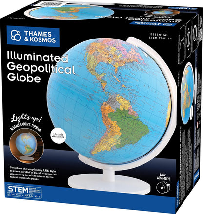 The Thames & Kosmos Illuminated Geopolitical Globe Essential STEM Tool | 10” diameter with Durable Stand, Political Map with Locations, Geological Features, Educational Gift for Ages 6+, USB-C Powered